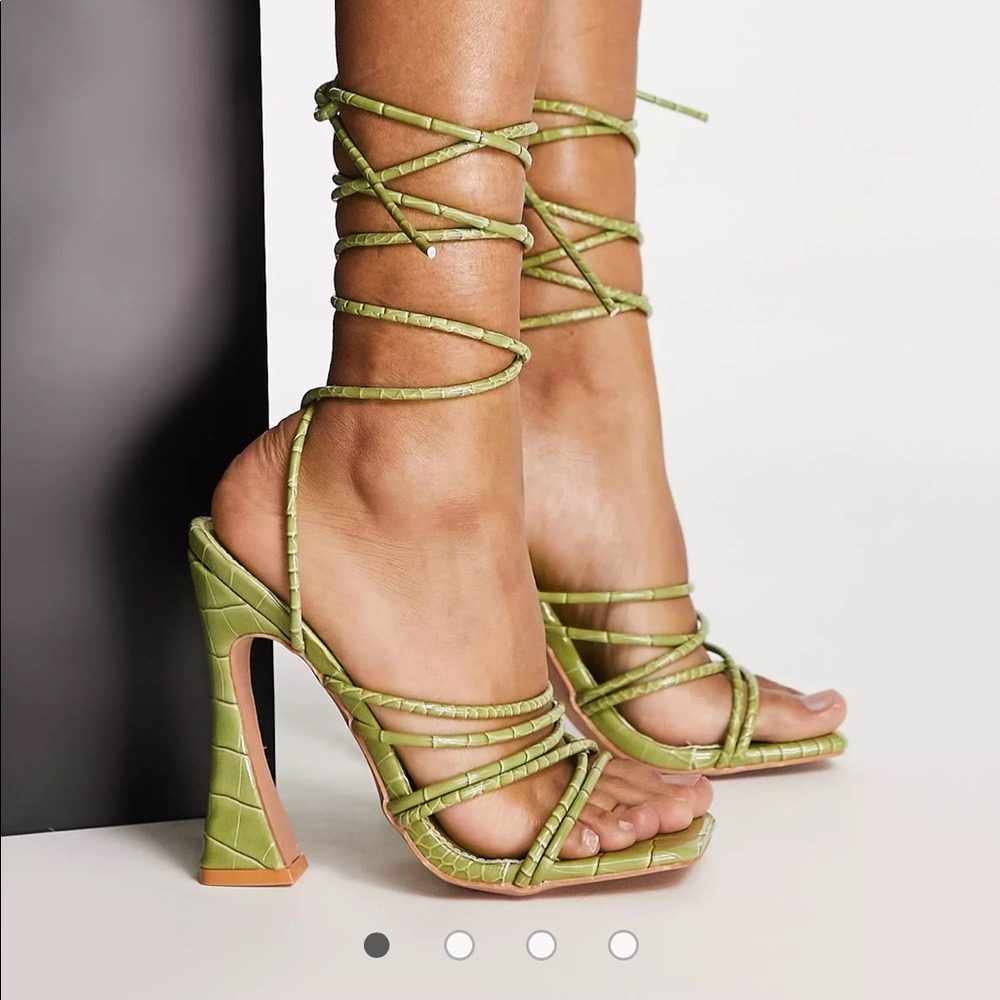 Tie-Up Sandals in Green Crocodile